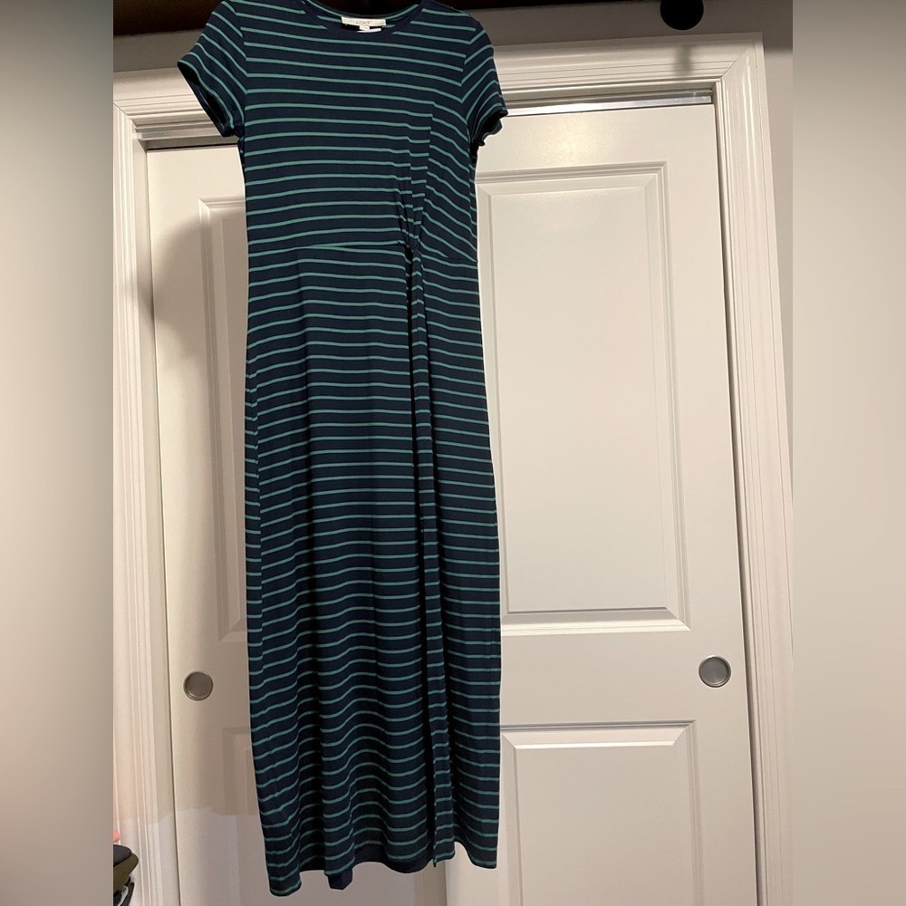 Loft. Size small. Petite. Nave blue with green stripes. Dress.